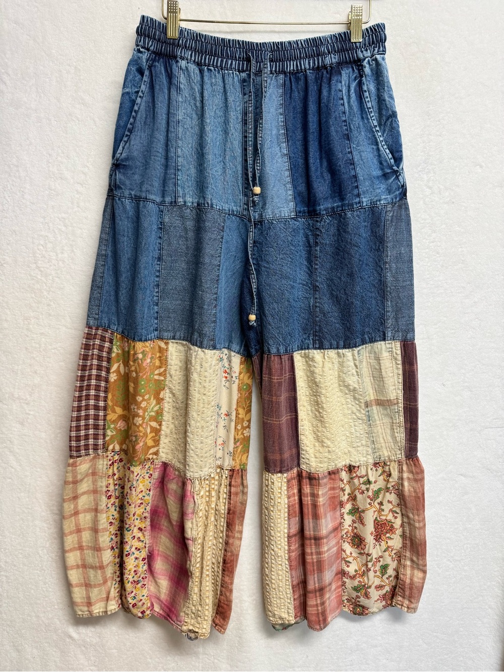 Young Threads Pants Medium Denim Patchwork Chambray Wide Leg Boho Floral